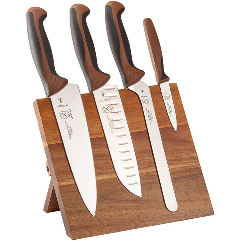 Mercer - 9.5" x 8.6" x 0.75" Acacia Magnetic Board with Japanese Steel Knives with Brown Handle, Pack Of 5 - M21982BR
