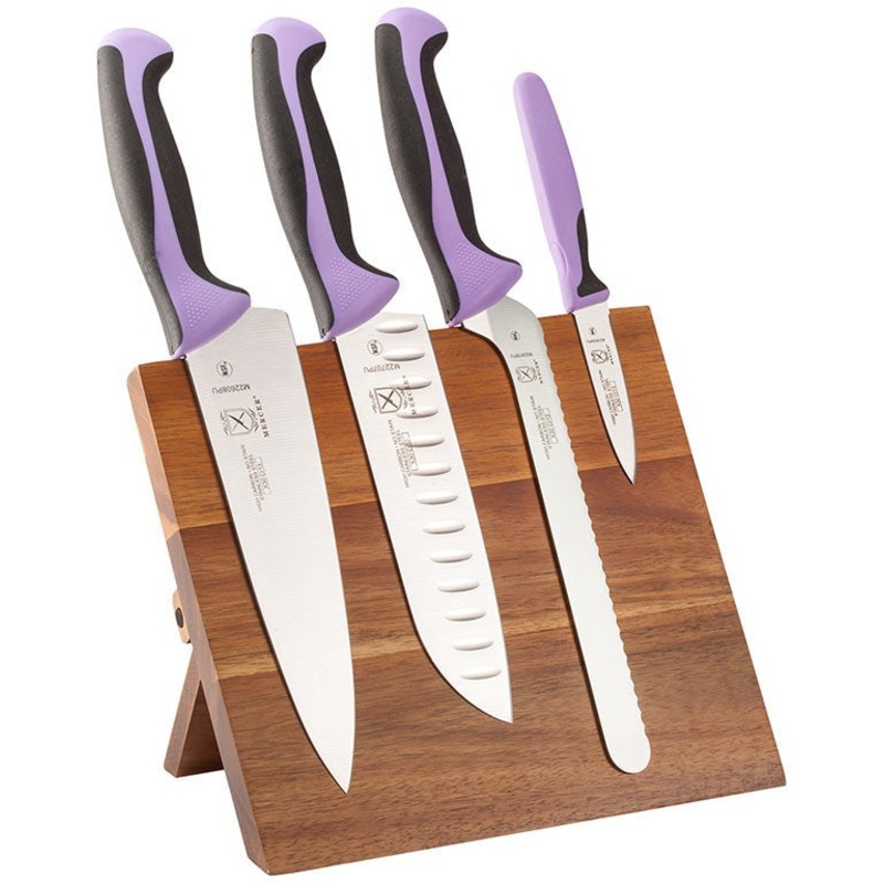 Mercer - 9.5" x 8.6" x 0.75" Acacia Magnetic Board with Japanese Steel Knives with Purple Handle, Pack Of 5 - M21982PU