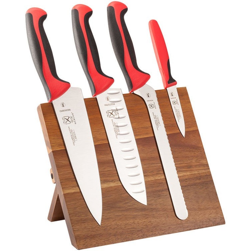 Mercer - 9.5" x 8.6" x 0.75" Acacia Magnetic Board with Japanese Steel Knives with Red Handle, Pack Of 5 - M21982RD