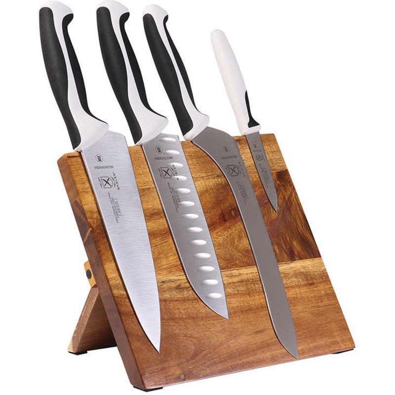 Mercer - 9.5" x 8.6" x 0.75" Acacia Magnetic Board with Japanese Steel Knives with White Handle, Pack Of 5 - M21982WBH