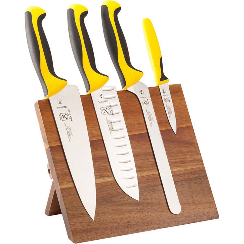 Mercer - 9.5" x 8.6" x 0.75" Acacia Magnetic Board with Japanese Steel Knives with Yellow Handle, Pack Of 5 - M21982YL
