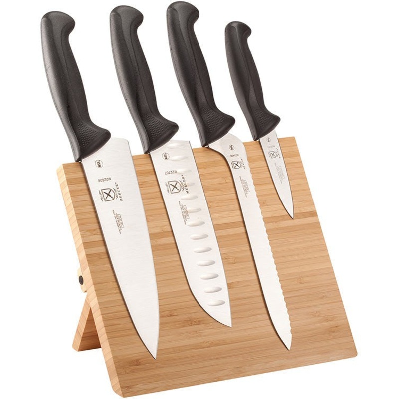 Mercer - 9.5" x 8.6" x 0.75" Bamboo Magnetic Board with Japanese Steel Knives with Black Handle, Pack Of 5 - M21981