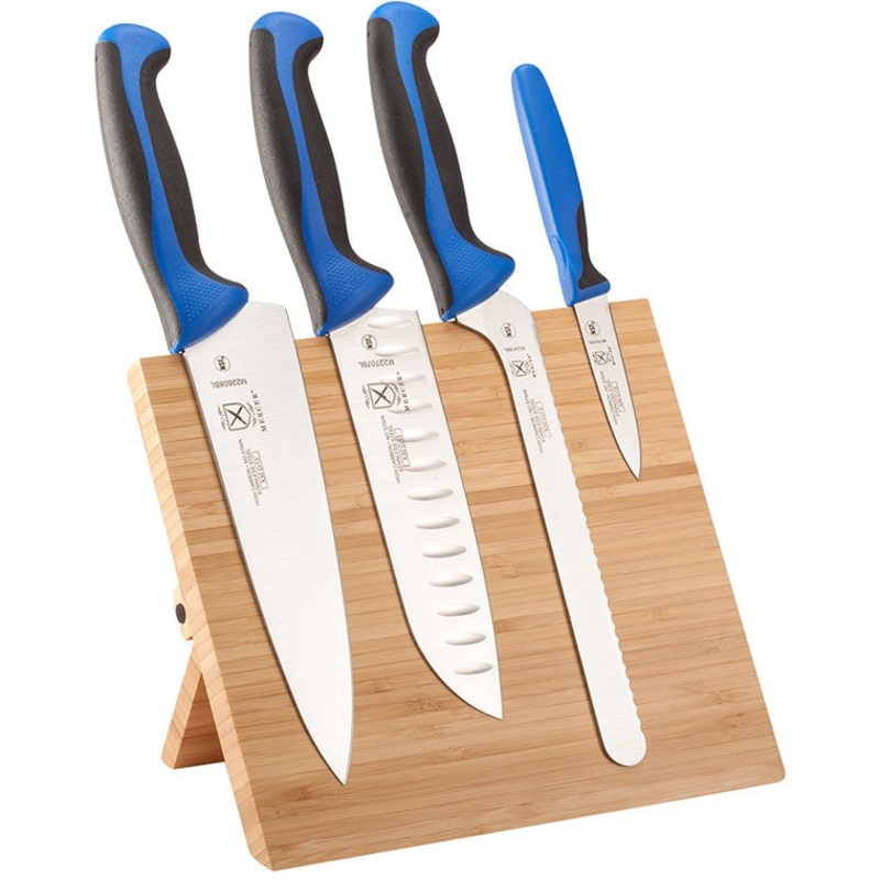 Mercer - 9.5" x 8.6" x 0.75" Bamboo Magnetic Board with Japanese Steel Knives with Blue Handle, Pack Of 5 - M21981BL