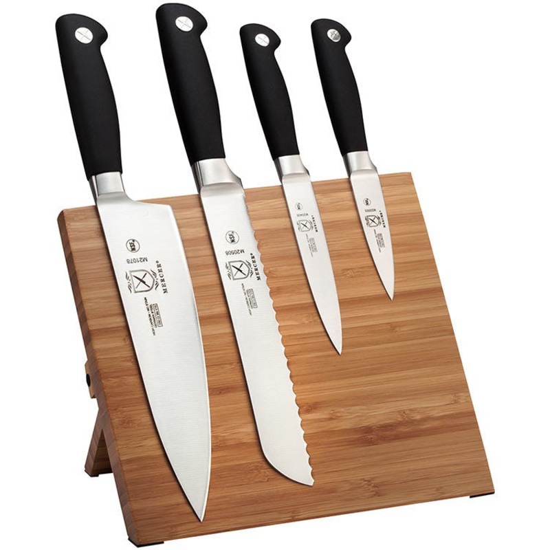 Mercer - 9.5" x 8.6" x 0.75" Genesis Bamboo Wood Magnetic Board and Black German Steel Knives, Pack Of 5 - M21960BM