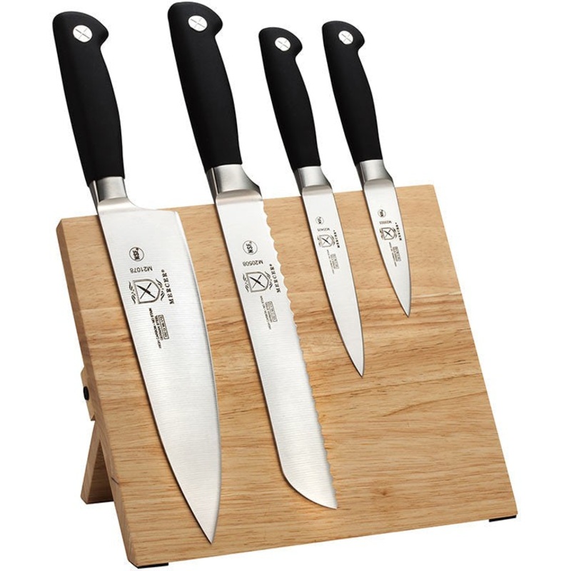 Mercer - 9.5" x 8.6" x 0.75" Genesis Rubberwood Magnetic Board and Black German Steel Knives, Pack Of 5 - M21960