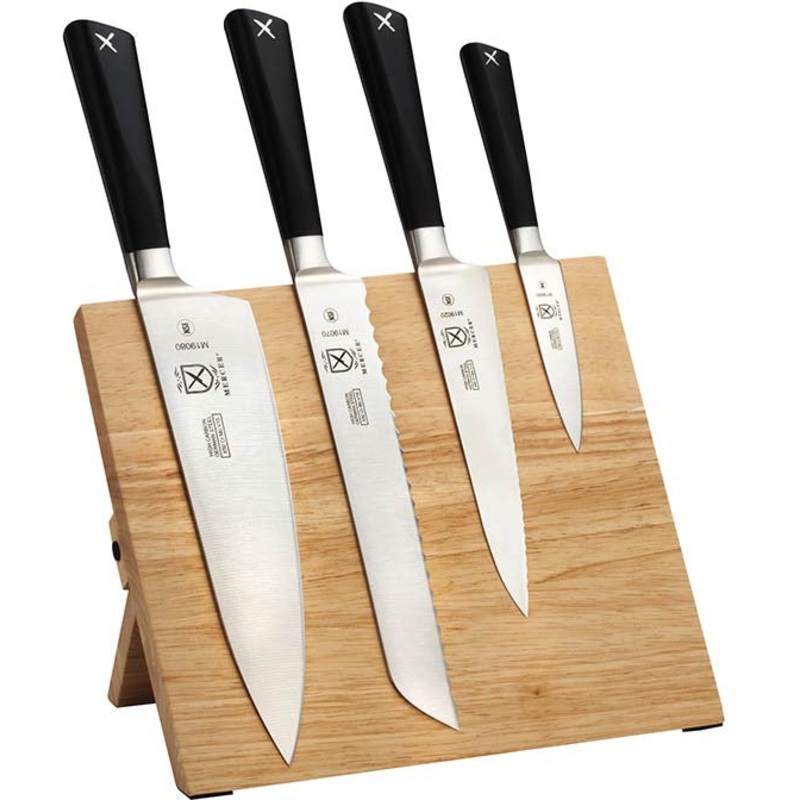 Mercer - 9.5" x 8.6" x 0.75" Rubberwood Magnetic Board with German Steel Knives with Black Handle, Pack Of 5 - M21990