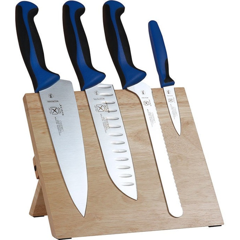 Mercer - 9.5" x 8.6" x 0.75" Rubberwood Magnetic Board with Japanese Steel Knives with Blue Handle, Pack Of 5 - M21980BL