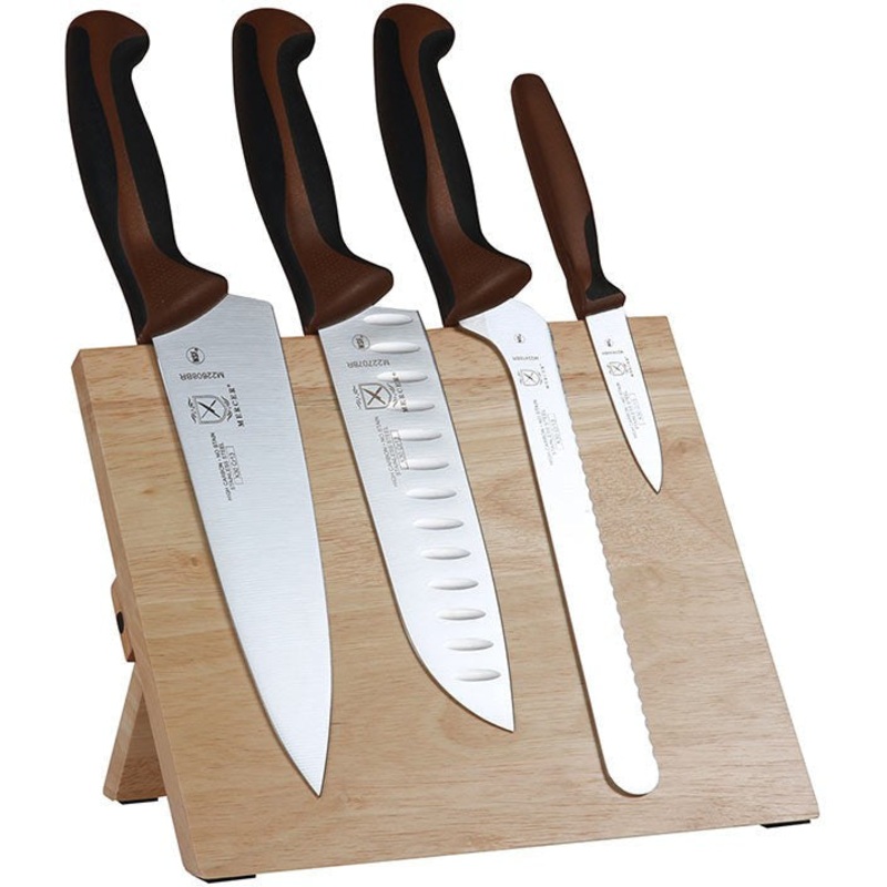 Mercer - 9.5" x 8.6" x 0.75" Rubberwood Magnetic Board with Japanese Steel Knives with Brown Handle, Pack Of 5 - M21980BR
