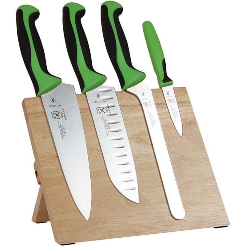 Mercer - 9.5" x 8.6" x 0.75" Rubberwood Magnetic Board with Japanese Steel Knives with Green Handle, Pack Of 5 - M21980GR