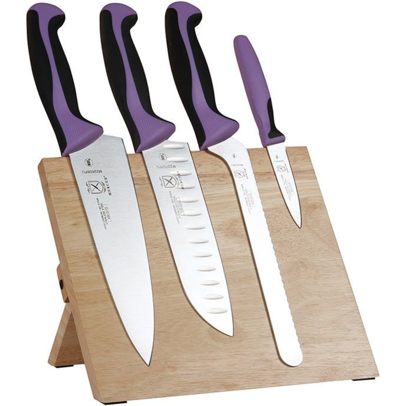 Mercer - 9.5" x 8.6" x 0.75" Rubberwood Magnetic Board with Japanese Steel Knives with Purple Handle, Pack Of 5 - M21980PU