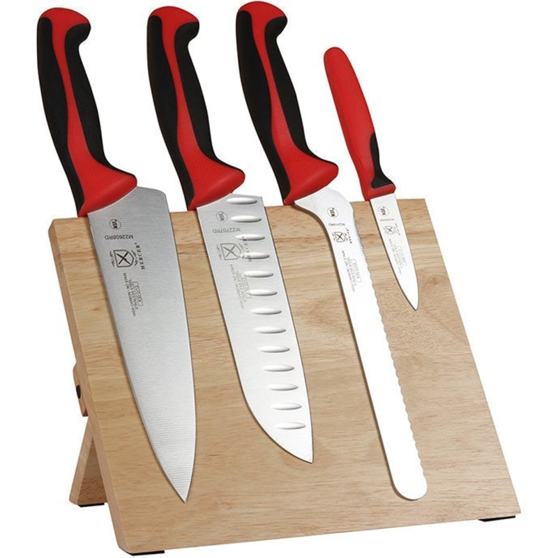 Mercer - 9.5" x 8.6" x 0.75" Rubberwood Magnetic Board with Japanese Steel Knives with Red Handle, Pack Of 5 - M21980RD