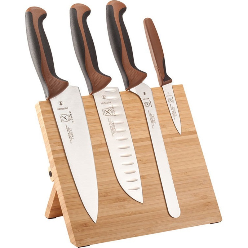 Mercer - 9.5" x 8.6" x 0.75" Bamboo Magnetic Board with Japanese Steel Knives with Brown Handle, Pack Of 5 - M21981BR