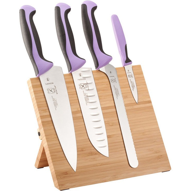 Mercer - 9.5" x 8.6" x 0.75" Bamboo Magnetic Board with Japanese Steel Knives with Purple Handle, Pack Of 5 - M21981PU