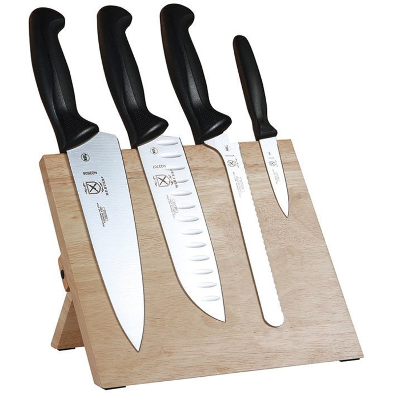Mercer - 9.5" x 8.6" x 0.75" Rubberwood Magnetic Board with Japanese Steel Knives with Black Handle, Pack Of 5 - M21980