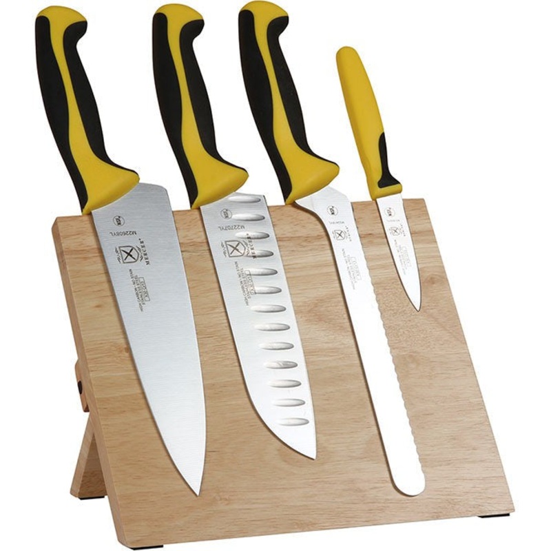 Mercer - 9.5" x 8.6" x 0.75" Rubberwood Magnetic Board with Japanese Steel Knives with Yellow Handle, Pack Of 5 - M21980YL