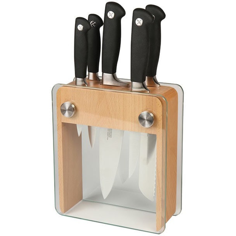 Mercer - Genesis 8" x 3.25" x 9" Beech Wood and Tempered Glass Knife Block and German Steel Knives, Pack Of 6 - M20050