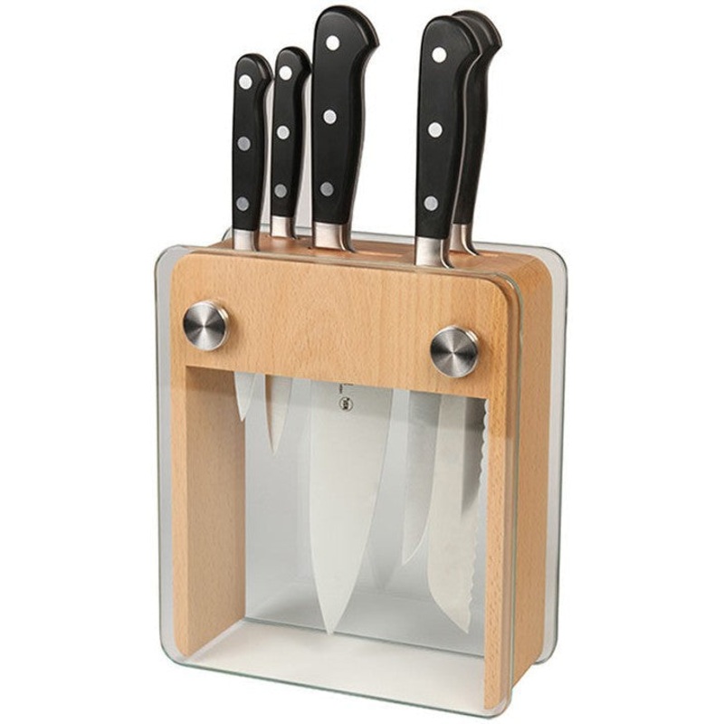 Mercer - Renaissance 8" x 3.25" x 9" Beech Wood and Tempered Glass Knife Block and German Steel Knives, Pack Of 6 - M23505