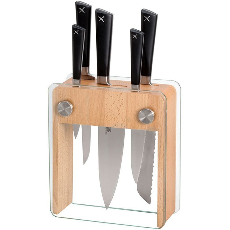 Mercer - Zum 8" x 3.25" x 9" Beech Wood and Tempered Glass Knife Block and German Steel Knives, Pack Of 6 - M19105