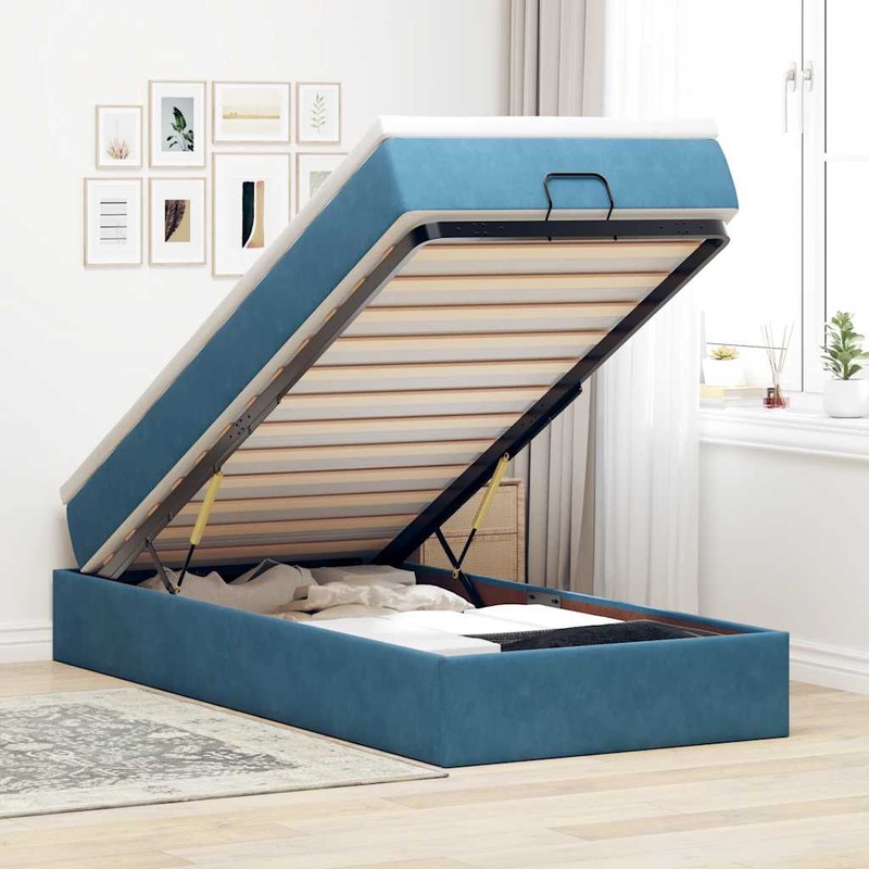 Cadre de lit ottoman avec matelas bleu fonc 90x190 cm velours