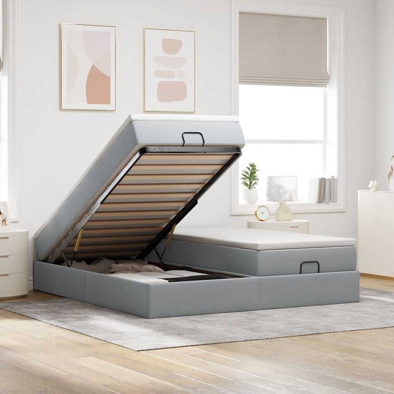 Cadre de lit ottoman et matelas gris clair 160x200cm tissu