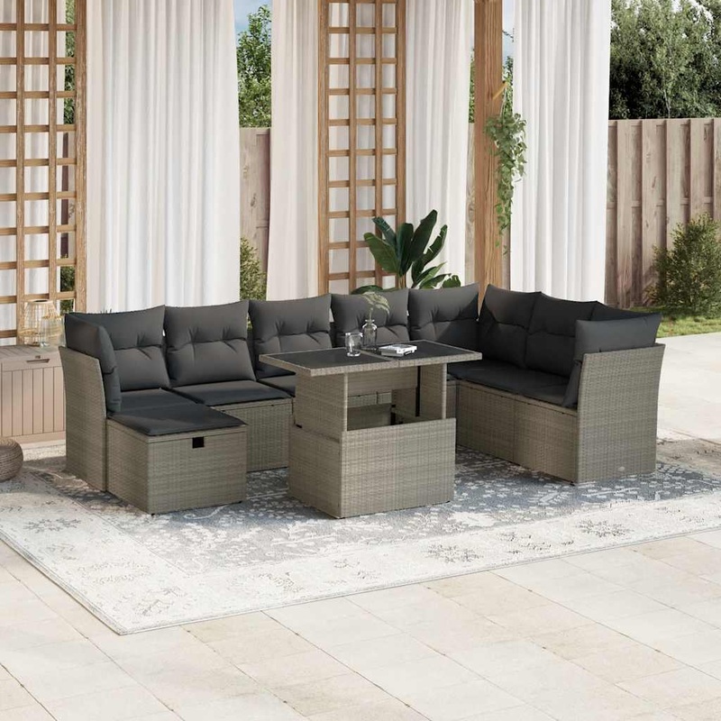 Salon de jardin 9 pcs avec coussins gris clair rsine tresse
