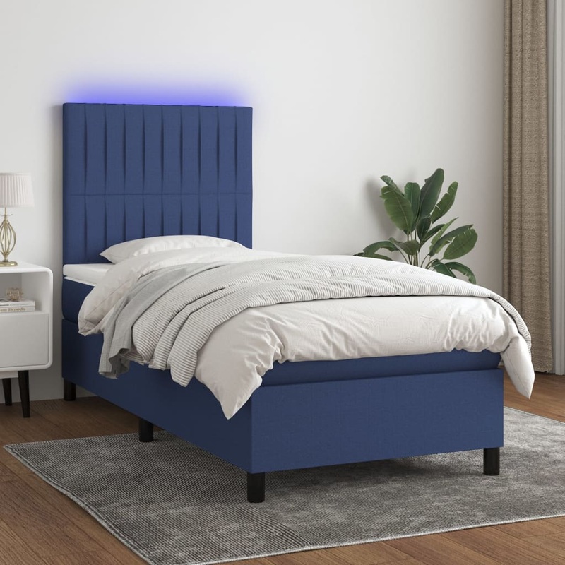 Sommier  lattes de lit avec matelas et LED Bleu 90x190cm Tissu